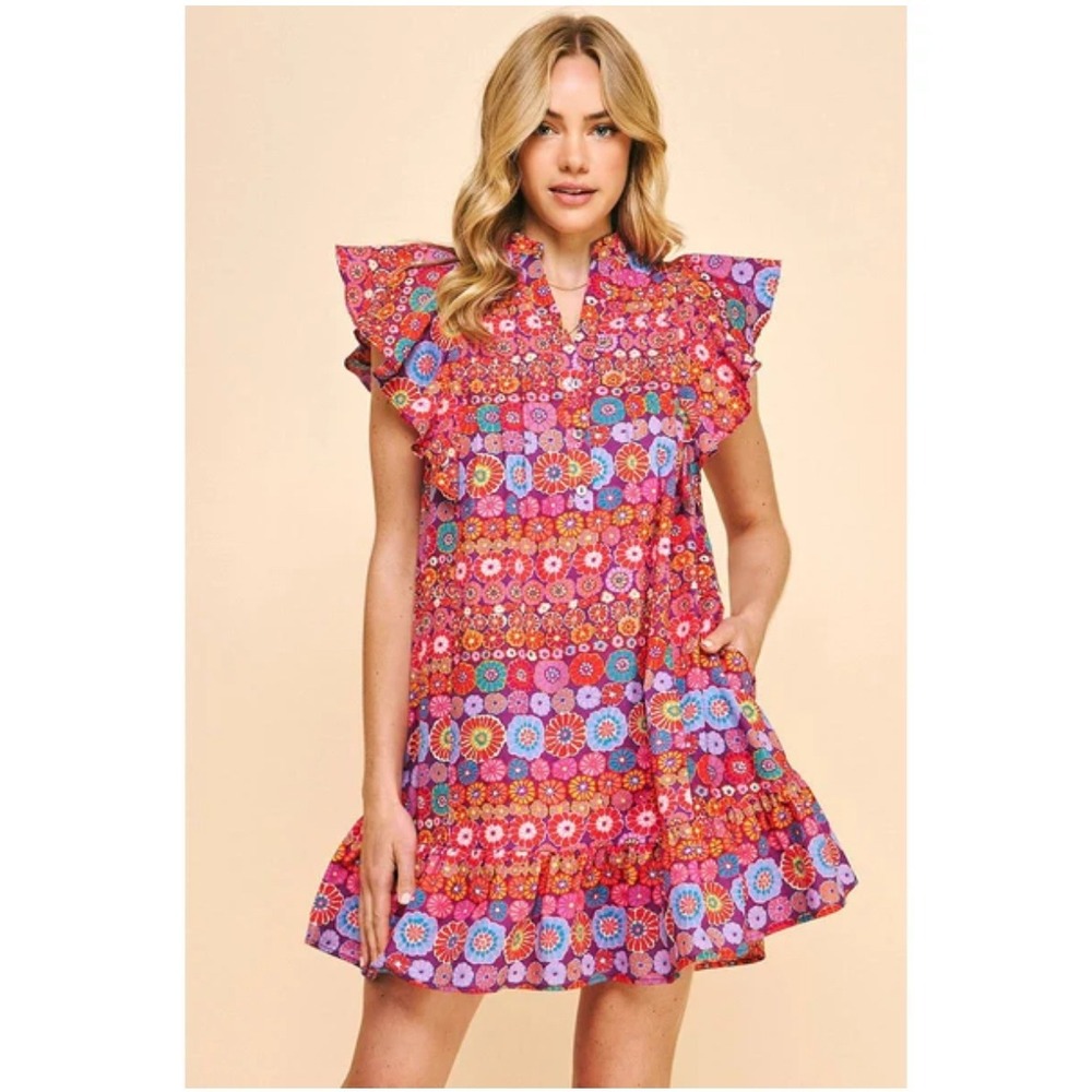 Pinch‎ Canyon Trail Dress Floral Print Ruffle Sleeve Mini Colorful Size Large